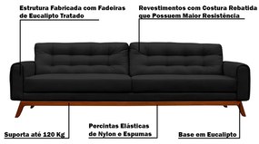 Sofá 4 Lugares Sala de Estar Eros 260 cm Veludo Preto Base Fixa G15 - Gran Belo