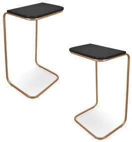 Kit 02 Mesas Lateral Tampo Preto Multiuso para Sofá Base Dourado 69x38 cm- D'Rossi