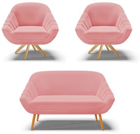 Kit 01 Namoradeira 02 Lugares e 02 Poltronas Giratória Giovana Suede Rose Base Madeira MA30 - D'Rossi