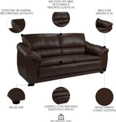 Sofá 3 Lugares Sala de Estar 200cm Veneza Couro Marrom - Scala Decor