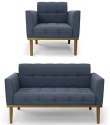 Sofá Namoradeira e 1 Poltrona Base Madeira Castanho Ana Suede Azul Mar