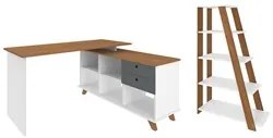 Mesa Escrivaninha em L Golden e Estante Livreiro Stela A06 Branco/Frei