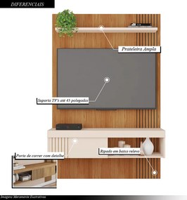 Painel Selina Ripado  para TV até 45 com Porta de Correr e Prateleira MDP Freijo/OffWhite G11 - Gran Belo