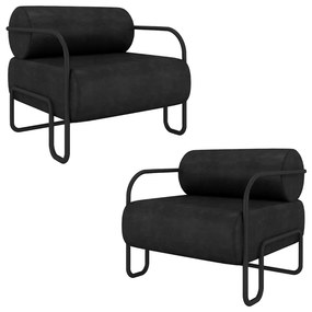 Kit 2 Poltronas Decorativas Sala de Estar Polatsk Base Industrial de Ferro PU Preto G33 - Gran Belo