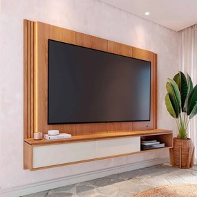 Home Suspenso Soge para TV até 75 Fita LED Portas Deslizantes MDP/MDF 217cm Freijó/Off White G73 - Gran Belo