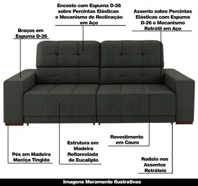 Sofá Sala de Estar Retrátil e Reclinável 3 Lugares Lisboa 230cm Couro Verde G58 - Gran Belo
