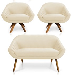 Kit 01 Namoradeira 02 Lugares e 02 Poltronas Giratória Giovana Veludo Bege Base Madeira MM30 - D'Rossi