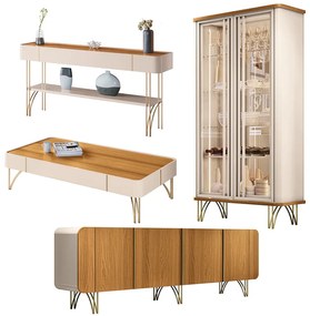 Conjunto 1 Cristaleira 1 Buffet 1 Aparador e 1 Mesa de Centro Texas/Virginia/Rennes Off White/Cinamomo G26 - Gran Belo