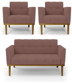 Conjunto 2 Poltronas e 1 Namoradeira Decorativa Karen Pés Fixo em Madeira Castanho Veludo Rose G19 - Gran Belo