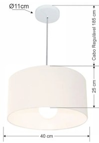 Lustre Pendente Cilíndrico Md-4202 Cúpula em Tecido 40x25cm Branco - Bivolt