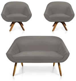 Kit 01 Namoradeira 02 Lugares e 02 Poltronas Giratória Giovana Suede Grafite Base Madeira MM30 - D'Rossi