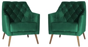 Kit 2 Poltronas Atena Decorativa Botonê Pés Palito Veludo Verde Bandeira