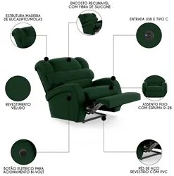 Poltrona do Papai Reclinável Kalie Power Elétrica USB FH9 Veludo Verde