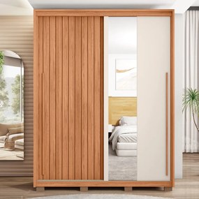 Guarda Roupa Solteiro Polaris Ripado com 2 Portas de Correr com Espelho 3 Gavetas  MDF Freijo/Off/Sued G11 - Gran Belo
