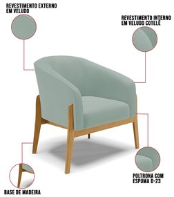 Poltrona Decorativa Base Madeira Stella Cotelê Int/Veludo D03 - D'Rossi - Menta