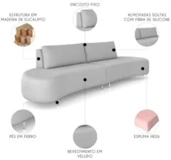 Sofá 3 Lugares 200cm Orgânico Pé Ferro Nagai Veludo Cinza Z55 - Mpozen