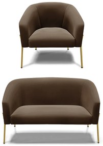Sofá Namoradeira e Poltrona Pé de Ferro Dourado Stella Suede D03 - D'Rossi - Marrom