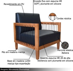 Poltrona Sala de Estar Pés Madeira Maciça Corda Náutica Preta 75cm Manila PU Preto G63 - Gran Belo