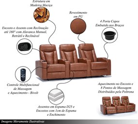 Poltrona Sala de Cinema 3 Lugares Elétrica Reclinável Califórnia Aquecimento Massagem Entrada USB/USB-C PU Caramelo G94 - Gran Belo