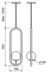 Pendente Elo 16X12X50Cm 01Xg9 Globo Ø12Cm - Usina 50020/1 (MT-M - Mate Metálico, Ambar)