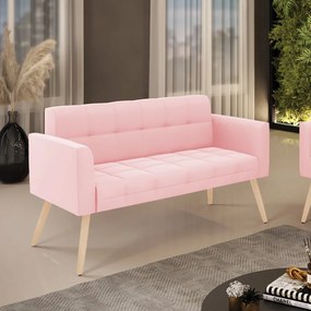 Sofá Namoradeira Elisa Suede Pés Palito Natural - D'Rossi - Rosa Bebê