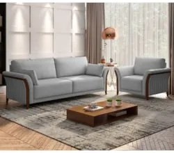 Kit Sofá Living 3 Lugares e Poltrona 102cm Pés Madeira Roya Z32 Veludo