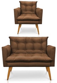 Kit 1 Sofá Namoradeira e 1 Poltrona Tais Suede Pés Palito Castanho - D'Rossi - Marrom