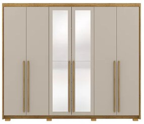 Guarda Roupa Com Espelho Dubai Majestic 6 Portas e 3 Gavetas Nature/Fendi - Vila Rica Móveis
