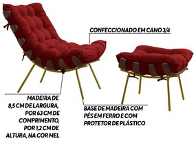 Conjunto Decorativo Poltrona e Puff Abel Base de Madeira Dourada Veludo Vermelho G41 - Gran Belo