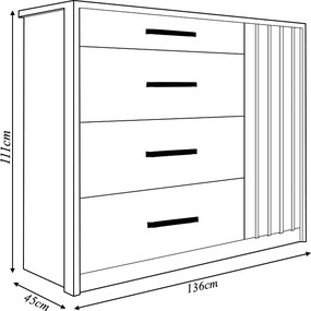 Cômoda Ripado Yana 136cm com 1 Porta 4 Gavetas Puxador Alumínio MDP Branco  G11 - Gran Belo
