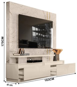 Estante de TV 75 Pol 183cm Sala de Estar Belora M20 - D'Rossi  - Calacata e Off White