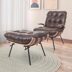 Poltrona com Puff Costela Braço Flutuante Couro Legítimo