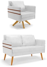 Kit 01 Namoradeira 02 Lugares e 01 Poltrona Mari Corano Branco Base de Madeira MA30