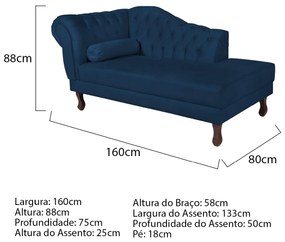Recamier Diana 160cm Lado Direito Suede Azul Marinho - ADJ Decor