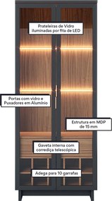 Cristaleira Adega 2 Portas 1 Gaveta Eduarda C04 - D'Rossi - Preto Fosco e Noce Milano