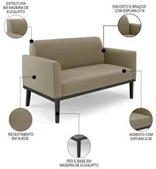 Sofá Namoradeira e 2 Poltronas Base Madeira Preto Maressa Suede Marrom