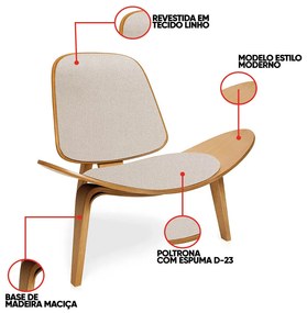 Poltrona Decorativa Base de Madeira Shell Linho P01 - D'Rossi - Bege