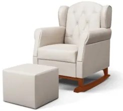 Poltrona Amamentação Base Madeira Balanço e Puff Lucy Z39 Suede Bege -