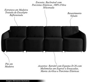 Sofá Cama Modulado Retrátil e Reclinável Decorativo Varsóvia 396cm Veludo Preto G33 - Gran Belo