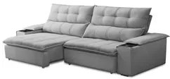 Sofá Retrátil 3 Lugares com Porta Copo 230cm Malta F05 Veludo Cinza -