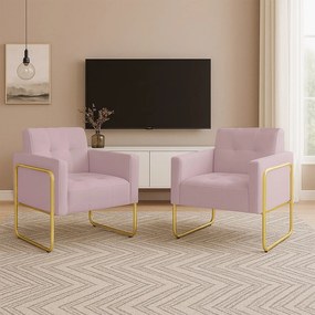 Poltrona Sala Industrial Alta Tubo Dourado Kit 2 Elisa Veludo D03 - D'Rossi - Rose