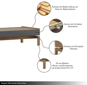 Mesa de Centro Dieter Gaveta Telescópica Pés Madeira Maciça Freijó/Cinza G74 - Gran Belo