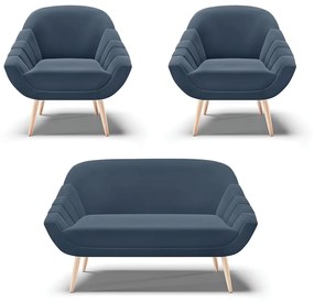 Kit 01 Namoradeira 02 Lugares e 02 Poltronas Giovana Suede Azul Marinho Pés Palito Natural - Indo Decorar