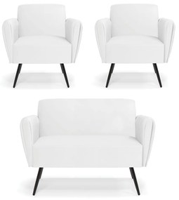 Sofá Namoradeira com 2 Poltronas Pés Palito de Ferro Bruna Corino D01 - D'Rossi - Branco