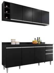 Conjunto Balcão de Cozinha com Tampo Apex Armário Aéreo MDP/BP Preto G96 - Gran Belo