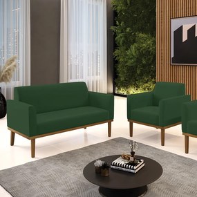 Conjunto Poltrona e Namoradeira Decorativa Isabella Pés Fixo em Madeira Castanho Veludo Verde Esmeralda G19 - Gran Belo
