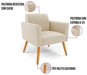 Poltrona Pés Palito Castanho Marisa Suede - Bege