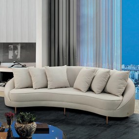Sofá Sala de Estar Curvo Desing Moderno 210cm com Almofadas Pés de Madeira Sina Linho Bege G93 - Gran Belo