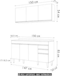 Armário Cozinha e Balcão Com Tampo 150cm Marrocos Cinza     - Lumil