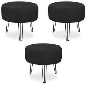 Kit 03 Puffs Redondos para Sala Chloe Suede Preto